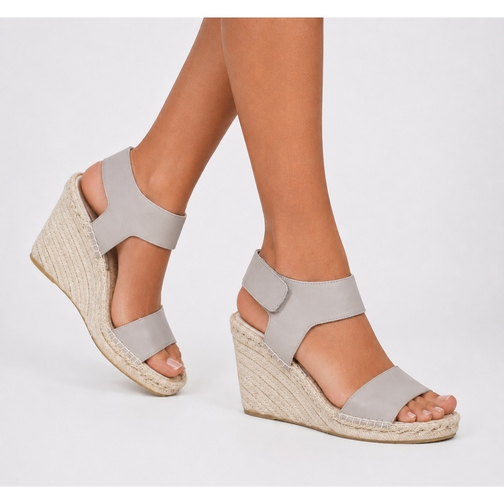 VINCE Leather Espadrille Wedge Sandals Ankle Strap Minimalist Dove Grey Sz 7M